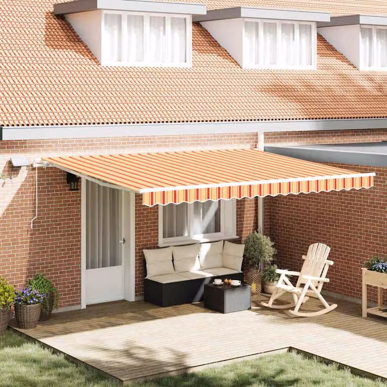 Toldo retráctil Syfax de aluminio y poliéster en amarillo y naranja, An/P: 450 x 300 cm