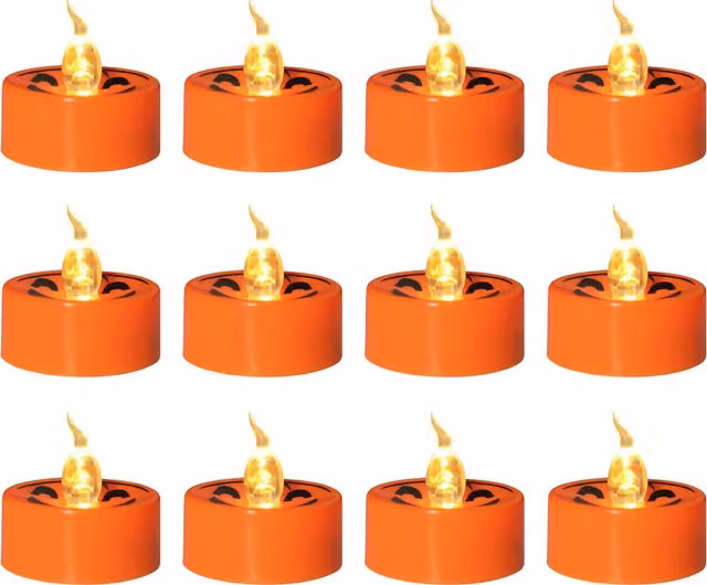Pack de 12 velas LED de Halloween color naranja con efecto parpadeante y luz cálida, diámetro: 3,6 cm