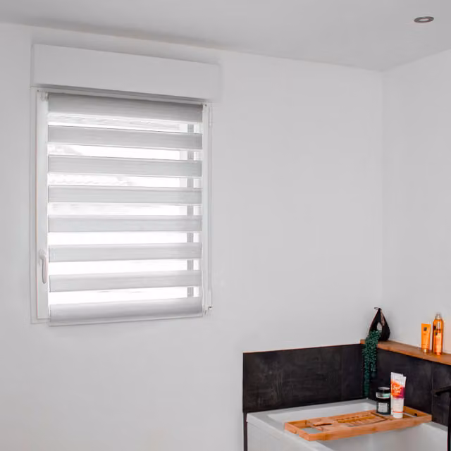 Estor de día y noche con diseño de rayas en gris y blanco, resistente a los rayos UV, An: 32 cm, Al: 150 cm