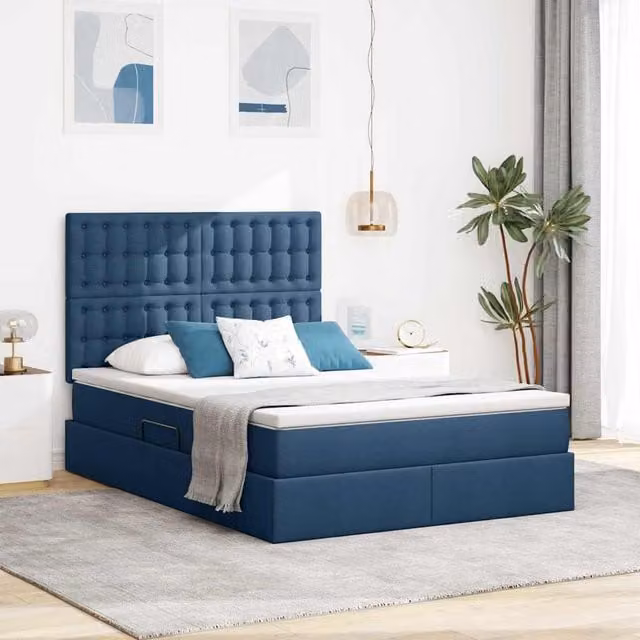 Cama con almacenamiento y colchón Maison exclusive en color azul y tela, An/P/Al: 140 x 200 x 280 cm