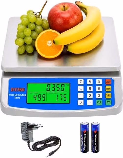 Báscula comercial COSHANO para fruta y verdura con pantalla LCD, capacidad de 30 kg, función de tara y batería recargable, color plata