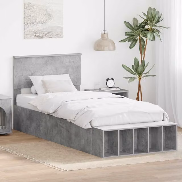 Estructura de cama Maison Exclusive con estante lateral y cajones en color gris concreto, An/P/Al: 90 x 200 x 102 cm