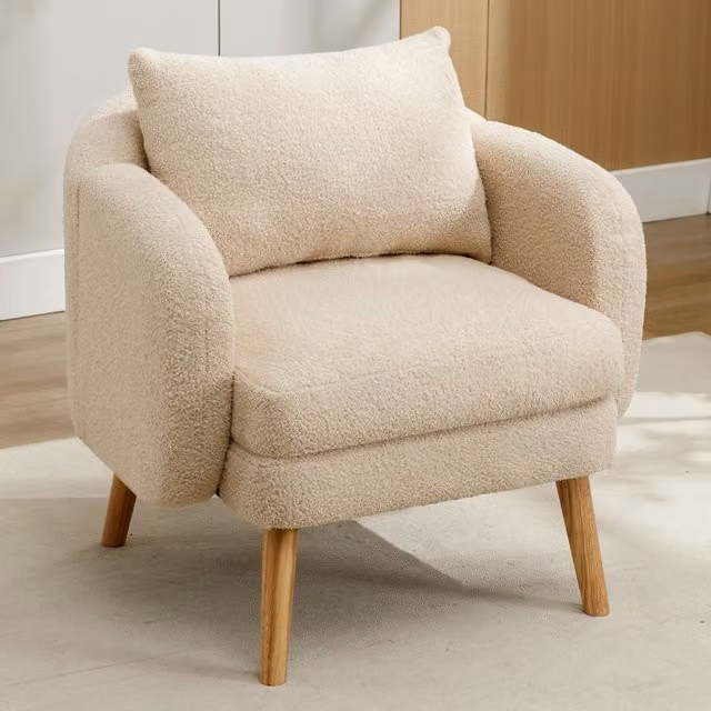 Sillón individual moderno KELLANY tapizado en terciopelo beige con estructura de madera maciza y reposabrazos