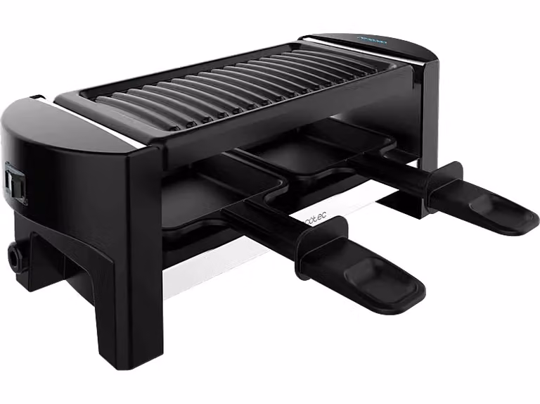 Raclette con grill eléctrico Cecotec Cheese&Grill 3200 Pocket de 320 W para 2 personas, color negro y plata con acabado en acero inoxidable y revestimiento antiadherente
