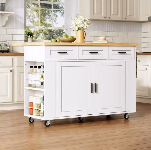 Isla de cocina móvil OKWISH con encimera abatible, 3 cajones, enchufes y ruedas en MDF color blanco y natural, An/P/Al: 120 x 45 x 84 cm