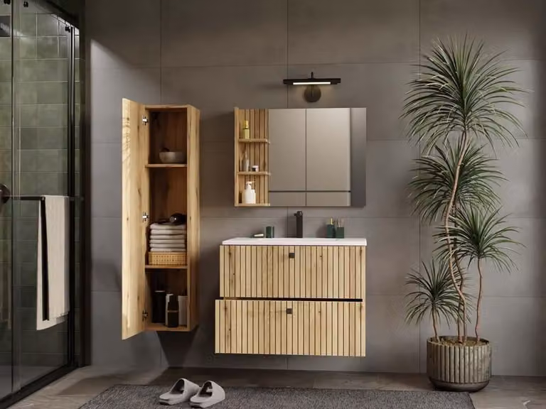 Mueble de baño Evoke de 3X Living en color roble y marrón con puertas y cajones, An/P/Al: 80 x 57 x 45 cm