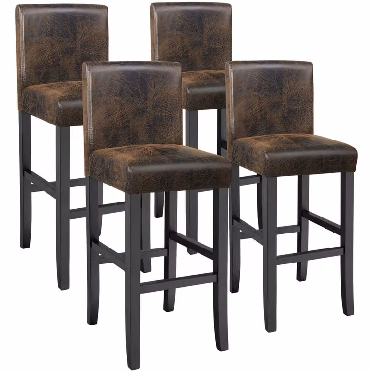 Set de 4 taburetes altos TecTake acolchados en piel sintética color marrón con reposapiés y estructura de madera y metal, Altura: 76 cm