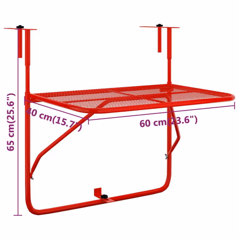 Mesa de balcón Syfax de acero con acabado dorado y rojo, rectangular y plegable, An/P/Al: 60 x 40 x 65 cm