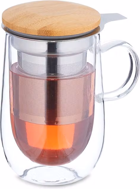 Taza de té de doble pared relaxdays con infusor de acero inoxidable, tapa de bambú y asa, 430 ml, transparente y plata