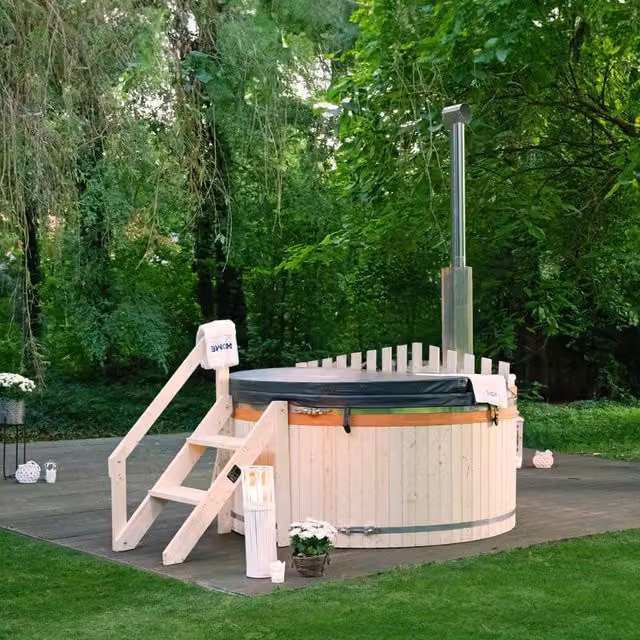 Bañera de hidromasaje con horno Home Deluxe SKANDI L color marrón de acrílico con Diámetro: 210 cm