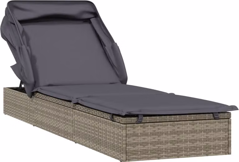Tumbona Syfax de ratán sintético con toldo plegable y reposacabezas ajustable en color gris, An/P/Al: 213 x 63 x 97 cm