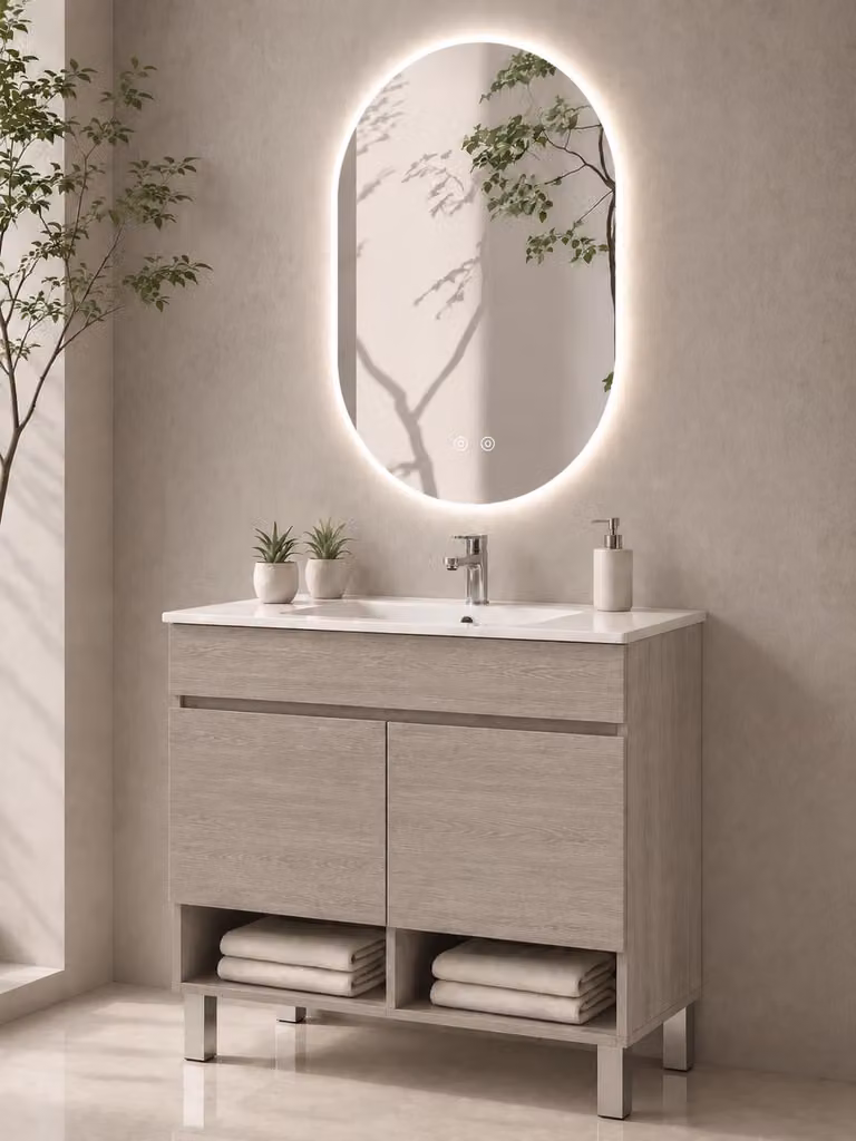 Mueble de baño con lavabo y patas ORIGEN BATH Nebari en color roble ahumado An/P/Al: 90 x 40 x 82 cm