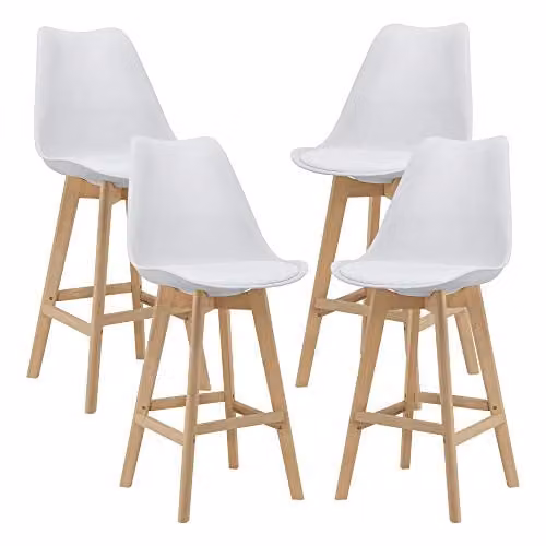 Juego de 4 taburetes de bar Lublin en en.casa con asiento acolchado blanco y patas de madera de haya, An/P/Al: 48 x 29,6 x 105 cm