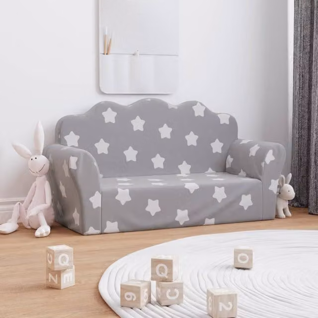 Sofá de 2 plazas para niños vidaXL en felpa suave gris con diseño geométrico y fundas extraíbles