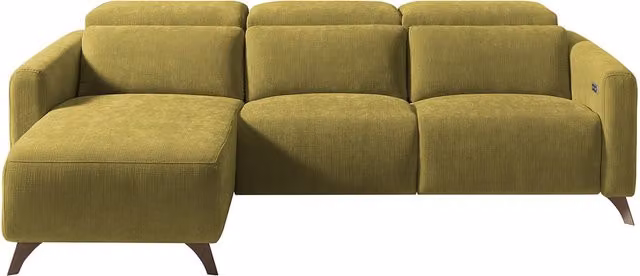 Sofá con chaiselongue izquierda y 2 asientos relax eléctricos Oporto de El Corte Inglés en color ocre y verde con fundas removibles y reposacabezas ajustable