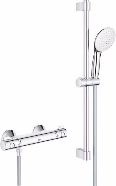 Set de ducha Grohe Grohtherm 800 con mezclador termostático, barra de 60 cm, dos rociadores de lluvia y jet, manguera flexible y acabado cromado