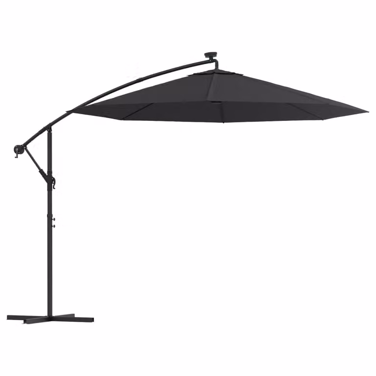 Sombrilla voladiza Syfax con luces LED, poste de acero y tela de poliéster en color negro, Diámetro: 300 cm, Altura: 254 cm