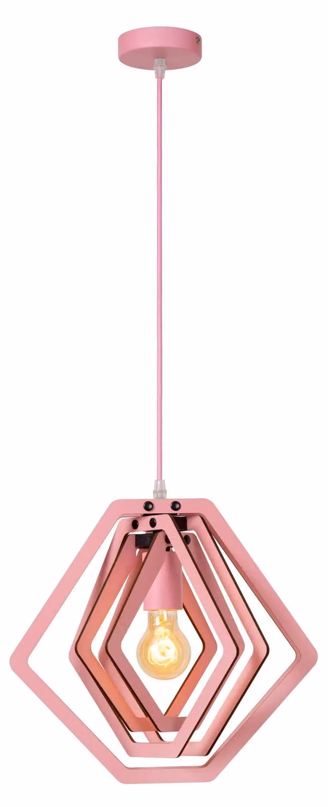 Lámpara de techo suspendida Lucide Mauro en color rosa con materiales de madera y metal, regulable y compatible con bombilla E27