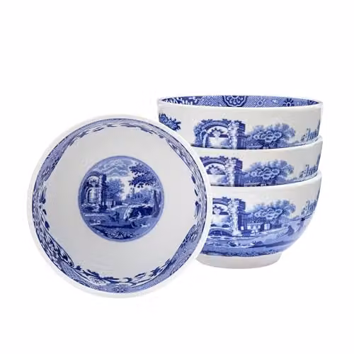 Juego de 4 boles de porcelana Spode Blue Italian en azul y blanco, Diámetro: 10,16 cm