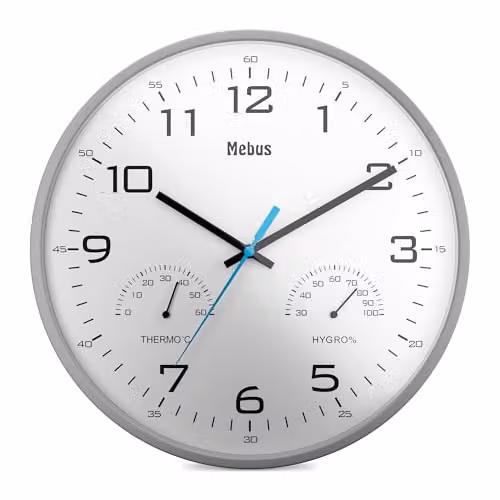 Reloj de pared analógico de cuarzo Mebus con termómetro e higrómetro, diseño moderno redondo, color gris y blanco