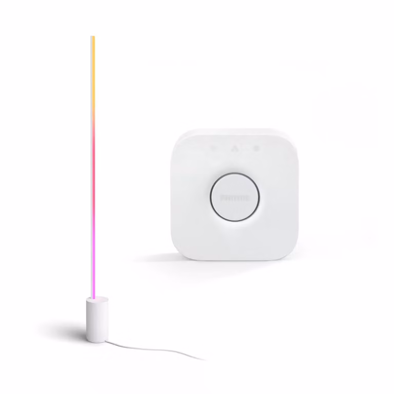 Pack Philips Hue Signe Gradient: Lámpara de Suelo LED Multicolor y Bridge con tecnología Zigbee en color blanco