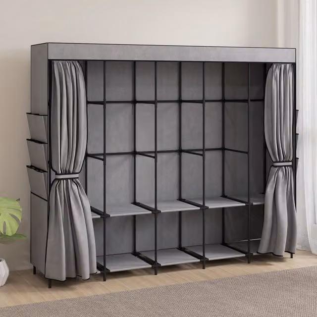 Armario de tela Homcom en color gris con estructura de metal y estantes internos, An/P/Al: 212 x 45 x 167 cm