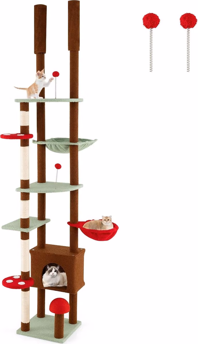 Rascador para gatos Northix con hamaca, juguetes integrados y postes de sisal reemplazables, multicolor, Altura: 277 cm, Ancho: 40 cm, Profundidad: 40 cm