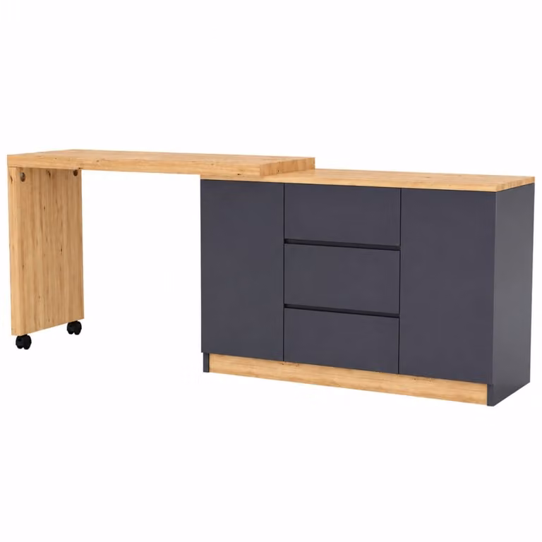 Escritorio de esquina plegable MODFU con ruedas y mesa giratoria, 3 cajones y 2 puertas, color gris y roble, An/P/Al: 120 x 50 x 76,5 cm