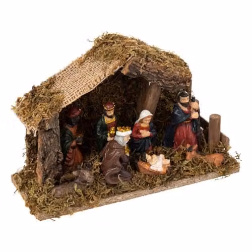 Cuna de Navidad con 7 santones LED de FEERIC LIGHTS & CHRISTMAS en resina y madera multicolor, An/P/Al: 20 x 13 cm