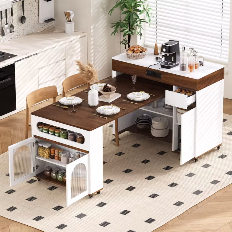 Isla de cocina extensible STILVORA con ruedas y enchufes, aparador con cajón y espacio de almacenamiento, color blanco y nogal, An/P/Al: 110.5 x 50.5 x 95.5 cm