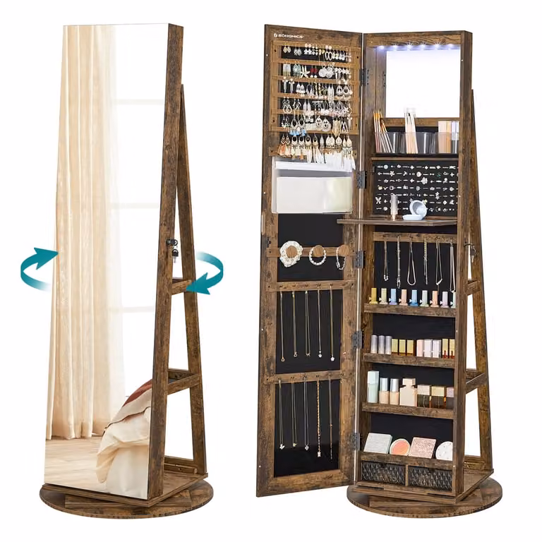 Espejo Joyero Songmics de sobremesa en madera marrón rústico con 6 LEDs y forro negro