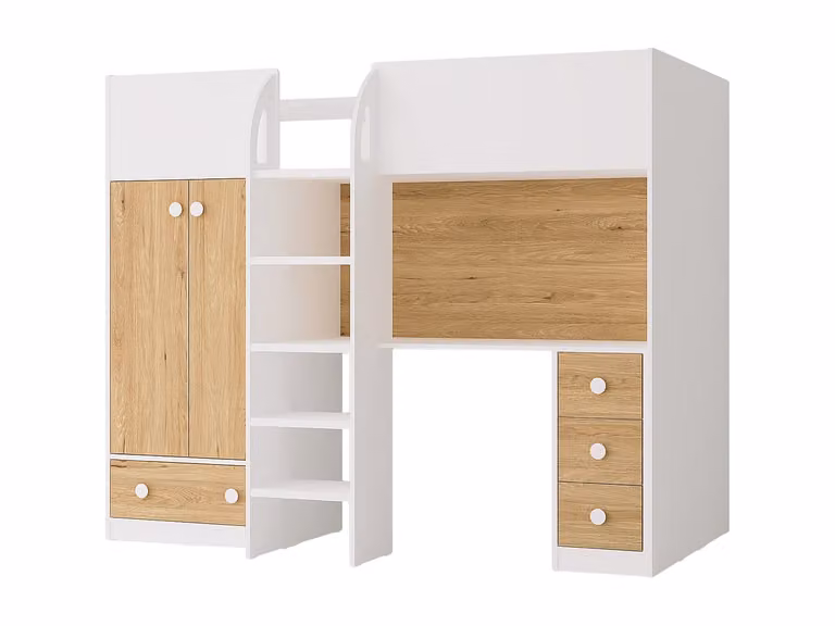 Cama alta individual CINAMO con armario, escritorio y cajones en color blanco y beige, An/P/Al: 190 x 90 x 207 cm