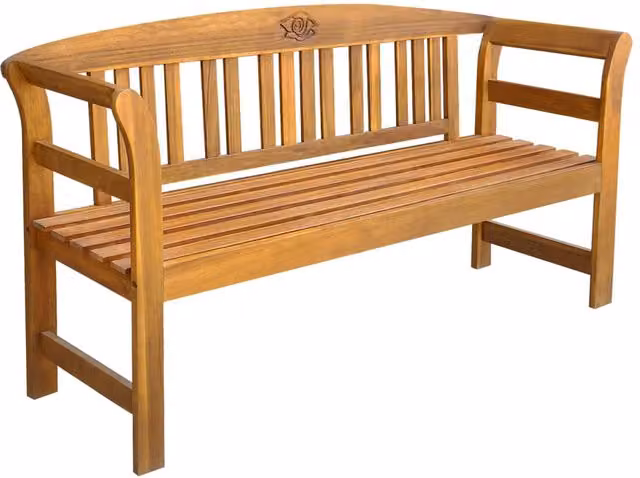Banco de jardín clásico SYFAX de madera de acacia aceitada en color marrón con reposabrazos, Ancho: 157 cm