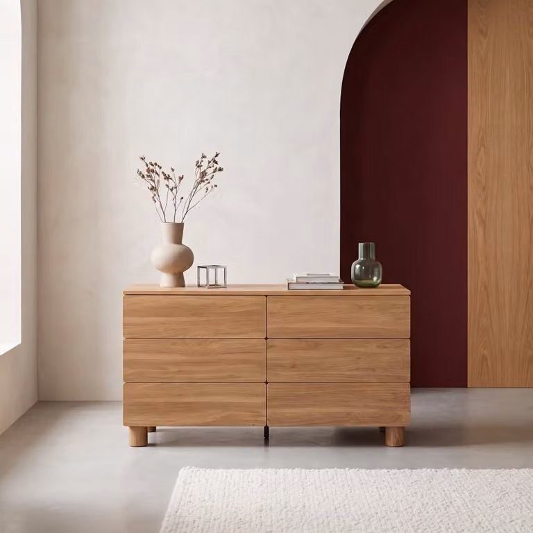 Cómoda moderna SWEEEK de madera de pino en color marrón con acabado mate y An/P/Al: 120 x 45 x 73 cm