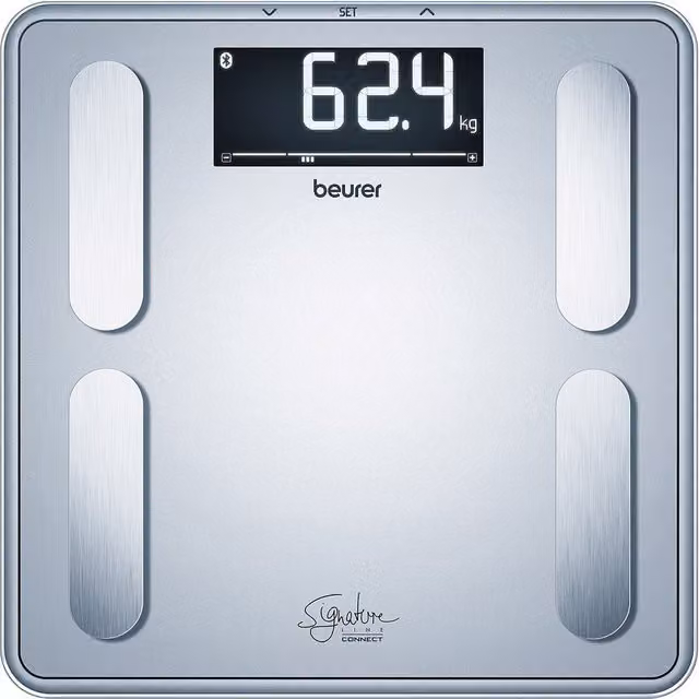 Báscula diagnóstica Beurer BF-405 con sistema inalámbrico, color plata y blanco, con medición de grasa corporal, masa muscular, masa ósea, agua y BMI