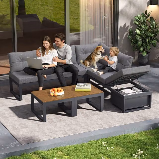 Conjunto modular de jardín en forma de L Stilvora con almacenamiento y respaldo ajustable, color gris, An/P/Al: 191,5 x 191,5 x 41 cm