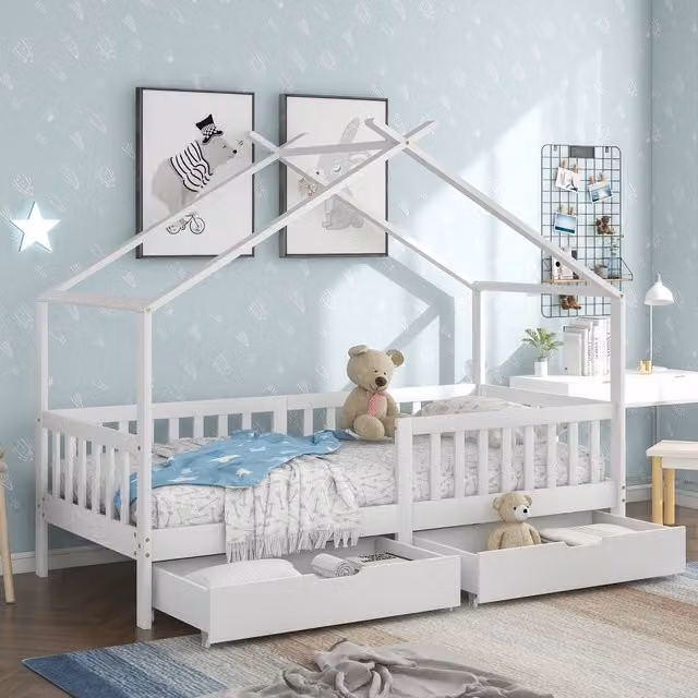 Cama Casita MODENVIE para niños en madera de pino blanca con 2 cajones y barandillas de seguridad, An/P/Al: 90 x 200 x 165 cm
