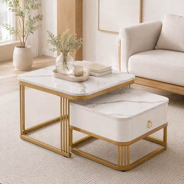 Set de 2 mesas de centro nido cuadradas MODENVIE con 1 cajón, tablero efecto mármol brillante blanco y estructura metálica dorada, An/P/Al: 60 x 45 x 30 cm y 45 x 30 x 2 cm