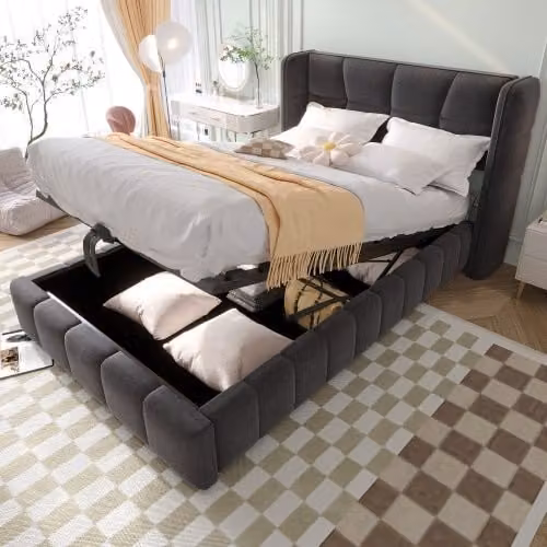 Cama con canapé OKWISH para niños y adolescentes, diseño moderno tapizado en gris, con somier de láminas y cabecero, An/P/Al: 90 x 200 x 101,5 cm