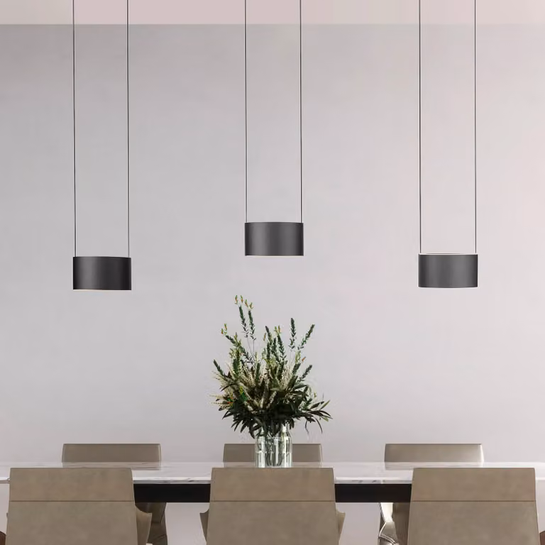 Lámpara colgante LED Clipse PURE de metal gris y transparente, atenuable con mando a distancia y altura ajustable para salón o comedor, longitud 110 cm