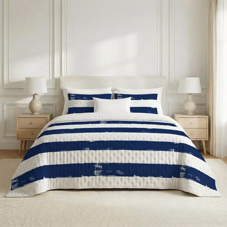 Colcha de microfibra acolchada con estampado de rayas en azul y blanco para cama de 280 x 280 cm, modelo clásico de invierno en color terracota