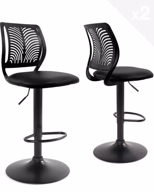 Lote de 2 taburetes de bar Kayelles Sawa con respaldo flexible, asiento de polipiel acolchado, giratorios y altura regulable en color negro