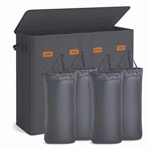 Cesto de ropa sucia SONGMICS con 4 compartimentos, tapa y bolsas extraíbles, capacidad 210 l, gris