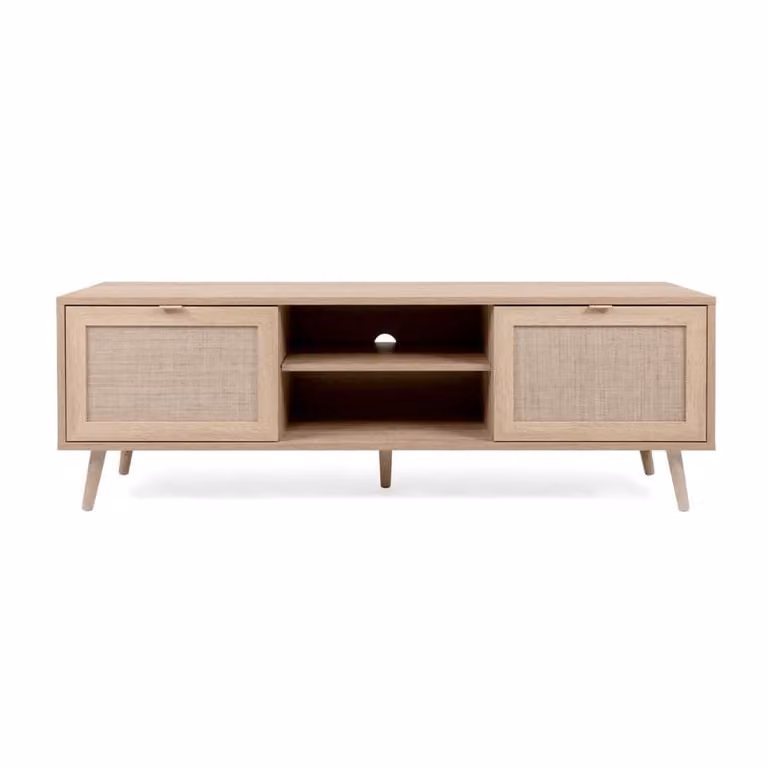Mueble de TV Calicosy con 2 puertas y efecto ratán en color beige y roble, An: 150 cm, Al: 52 cm, P: 40 cm