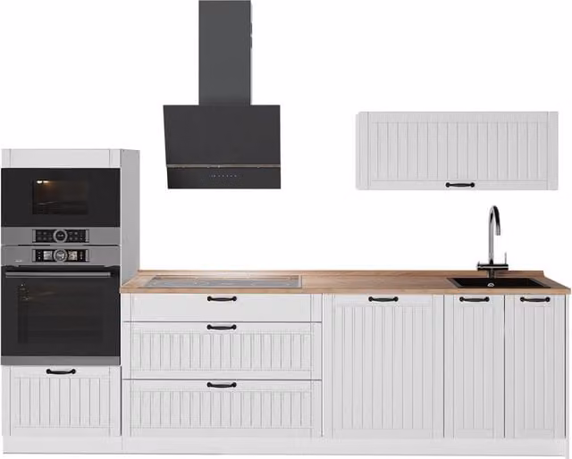 Mueble de cocina Vicco Fame-Line en blanco casa de campo y roble, An: 280 cm, Al: 60 cm, P: 161,75 cm