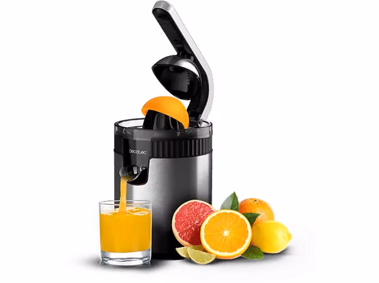 Exprimidor de cítricos Cecotec Xqueeze RetroJuice 600 Steel de 600 W en color silver con componentes de acero inoxidable y piezas aptas para lavavajillas