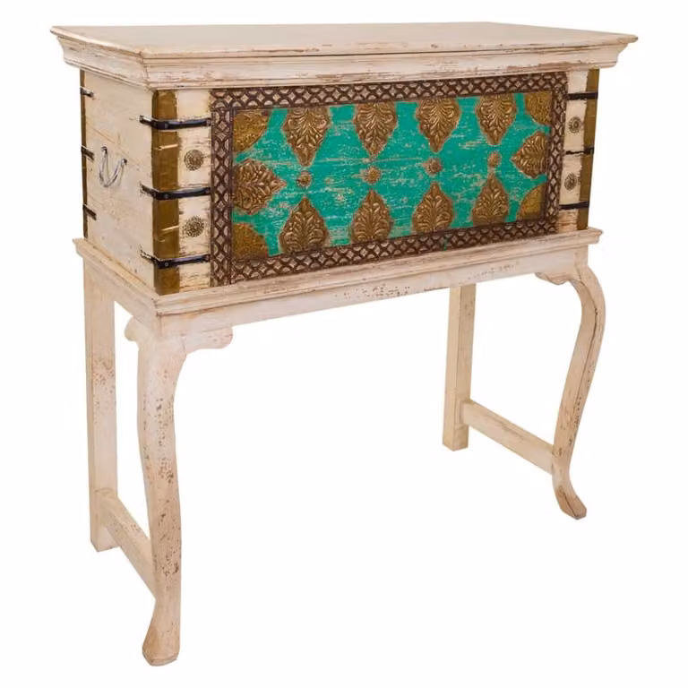 Baúl alto Wanderlust deco de madera de mango y metal con diseño floral en verde, dorado y beige, An/P/Al: 90 x 41 x 90 cm