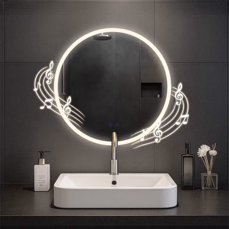 Espejo de baño redondo Laconia con Bluetooth, luz LED regulable y conmutador táctil, Diámetro: 60 cm