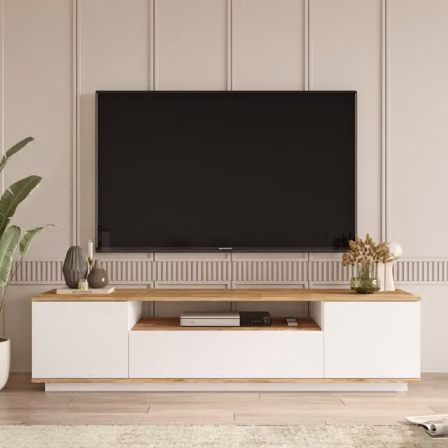 Mueble de TV Concept USINE Tyro moderno en blanco y madera con compartimentos multimedia para salón An: 180 cm, P: 44.5 cm, Al: 44.6 cm