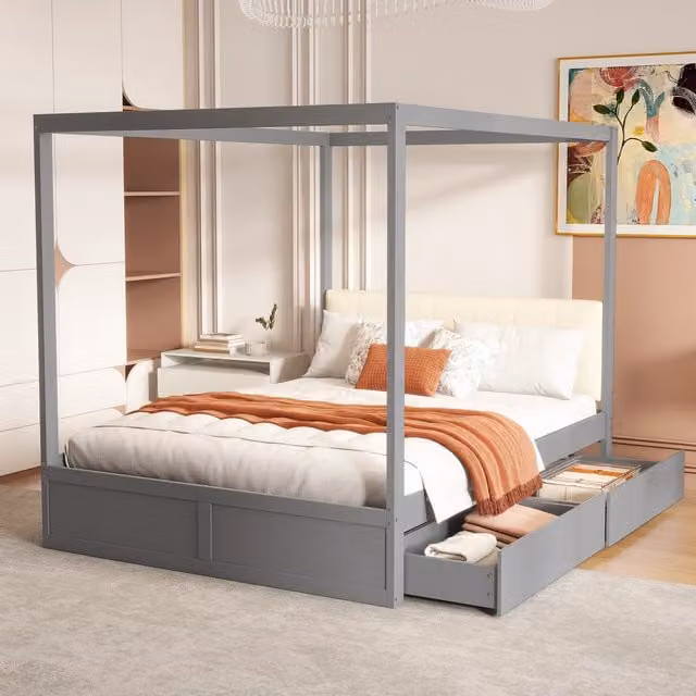 Cama Casita MODENVIE Doble con 2 Cajones y Cabecero Acolchado, Estructura Tipo Tienda en Gris, An/P/Al: 140 x 200 x 142 cm